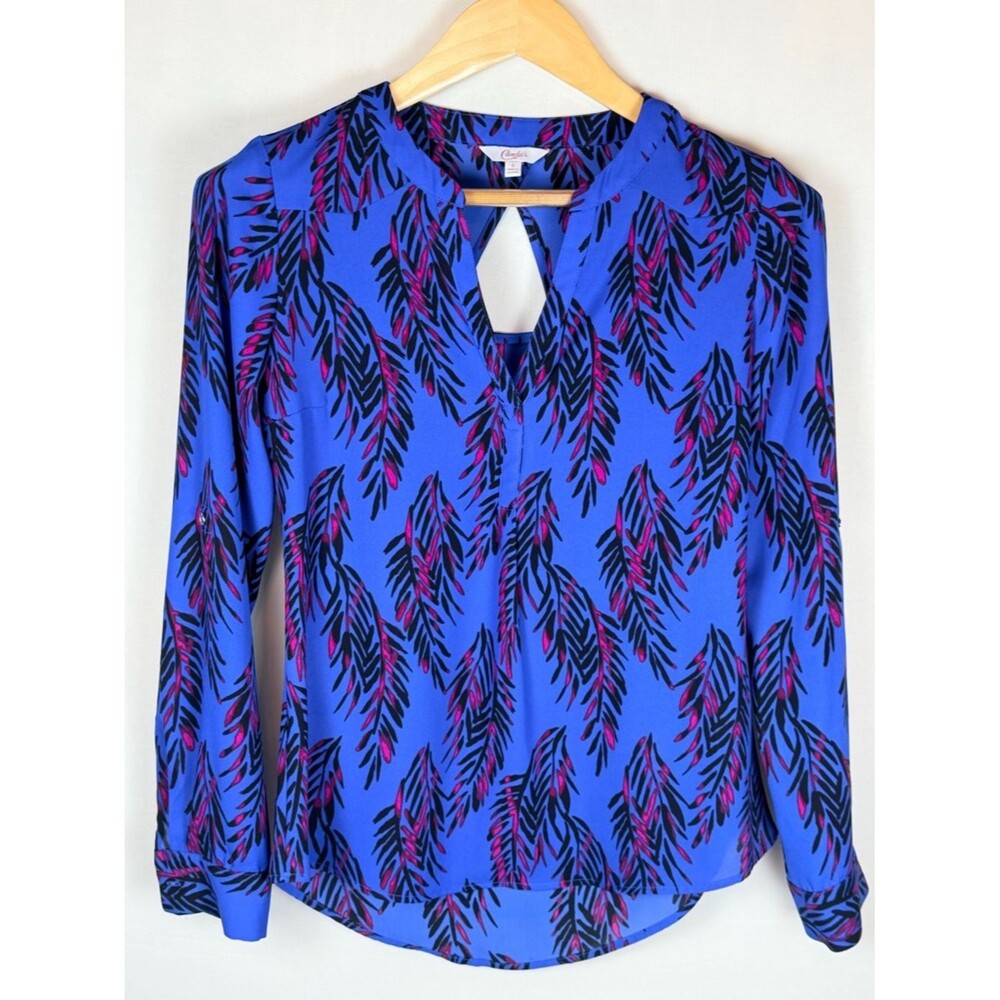 Candie’s S Blue Tropical Leaf Print Blouse Keyhole Neck 3/4 Sleeve